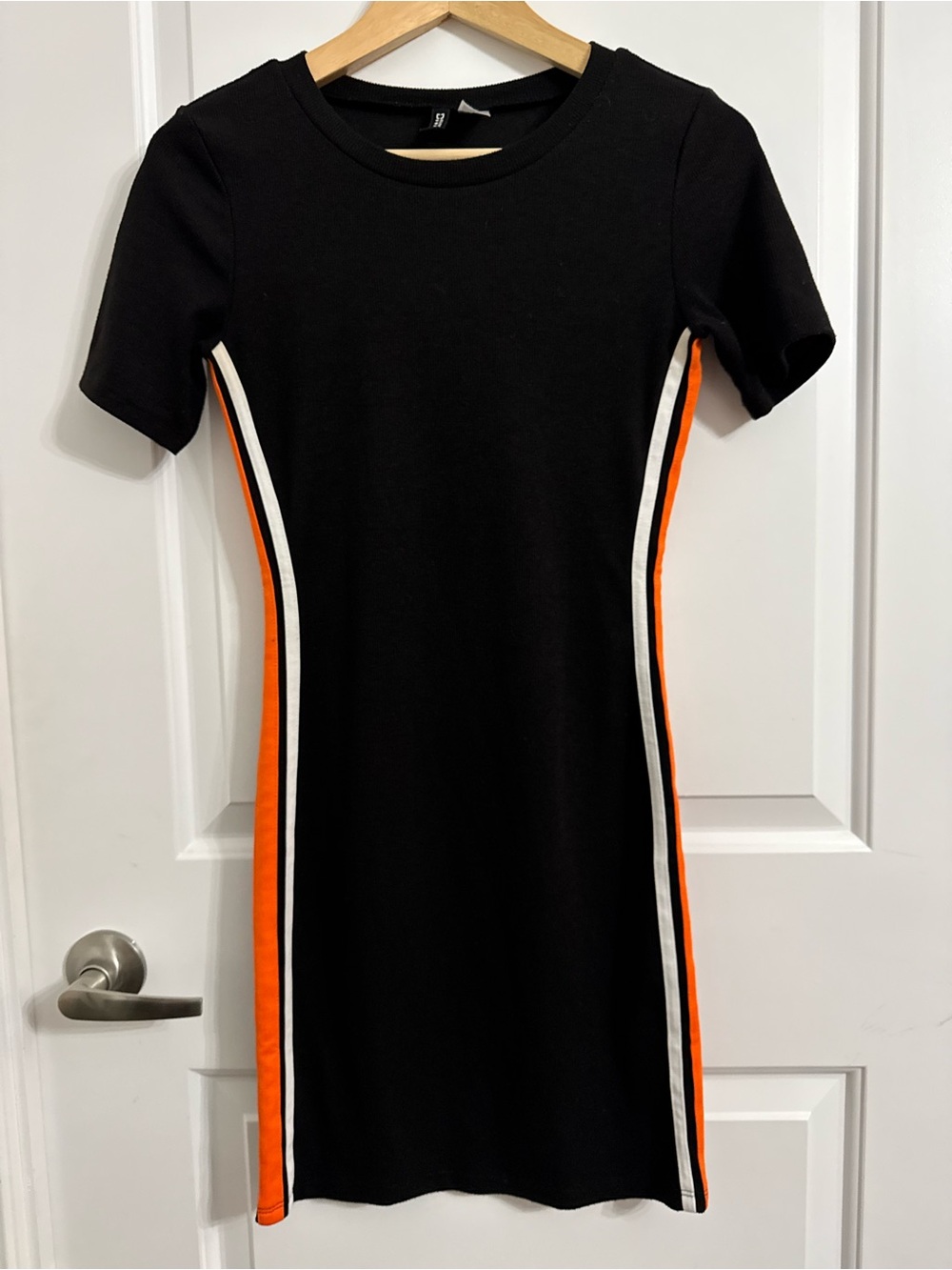 H&M Divided Black Knit Mini Dress with Orange and White Side Stripes, small